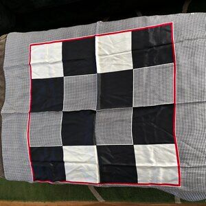 Bill Blass elegant geometric  black and white with red accents Scarf. 33" square